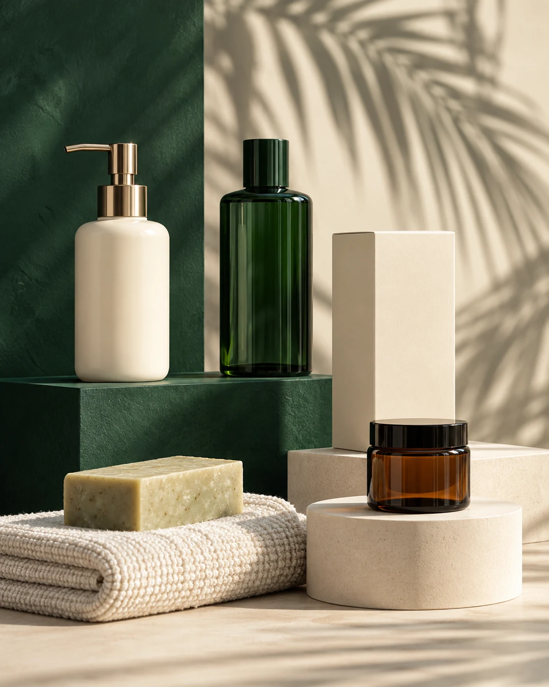 Unbranded personal care products in deep green and cream